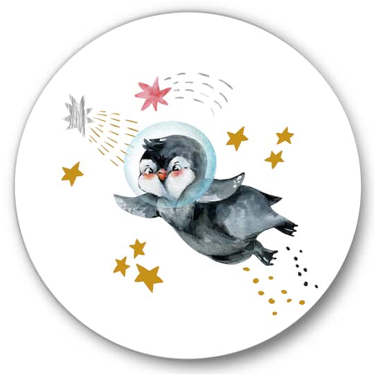 Designart - Little Penguin Flying Stars and Planets I - Farmhouse Metal Circle Wall Art